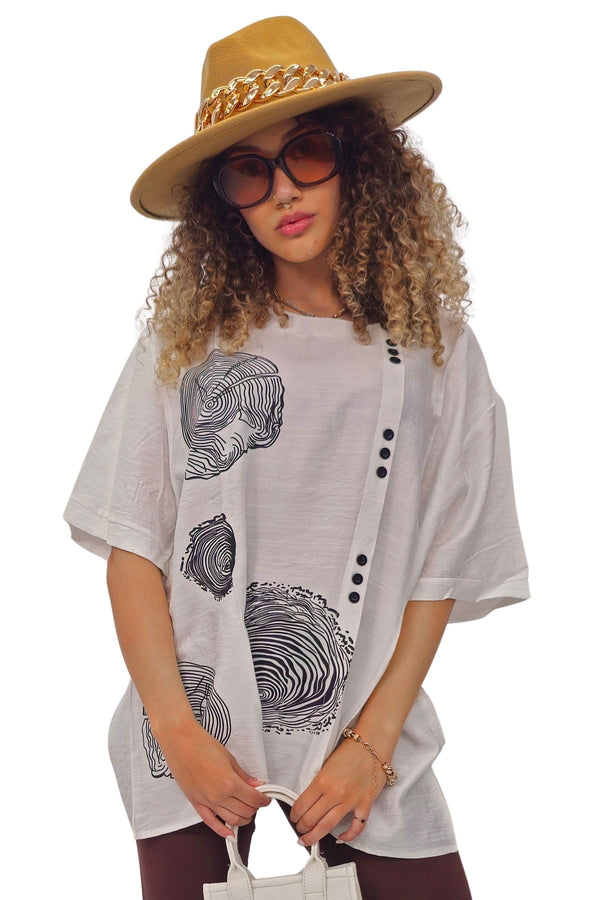 Tree Ring Print Front Button Detail Cotton Top