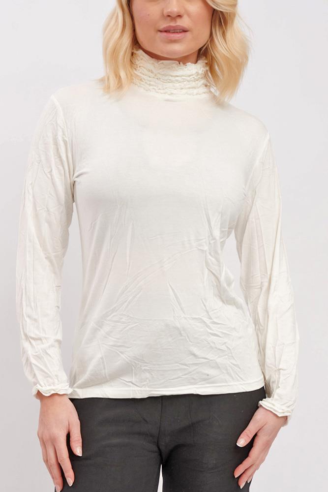 ruched frill roll neck viscose blouse
