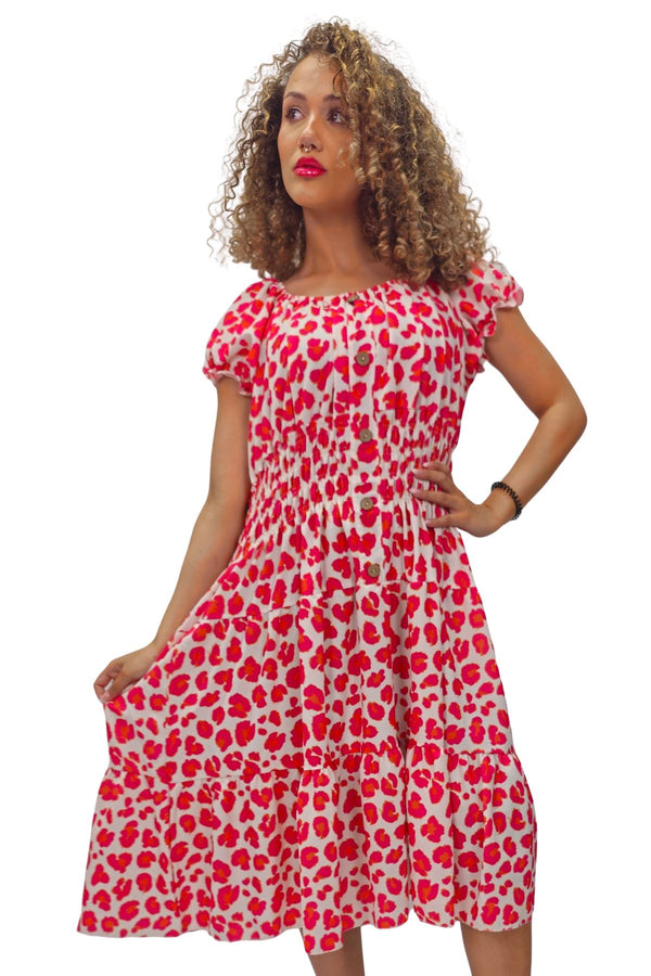 Abstract Leopard Print Smocked Waist Puff Sleeve Dress