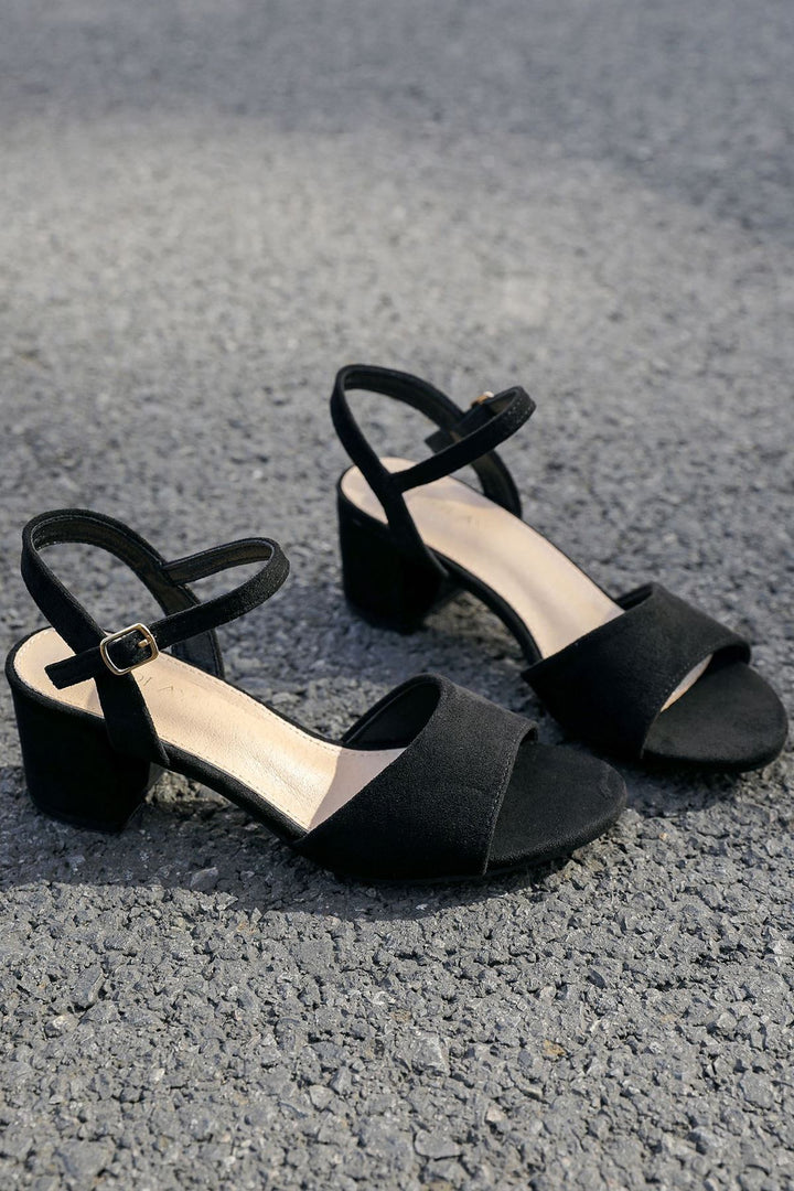 Suede Block Heel Ankle Strap Sandal