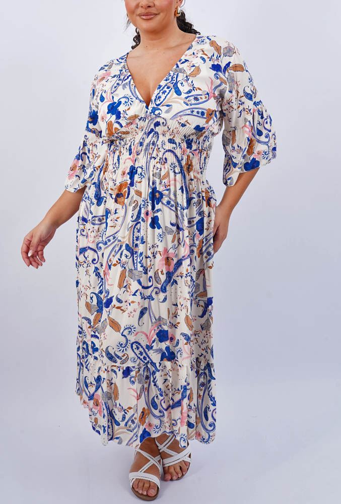 Paisley Print Shirred Dress
