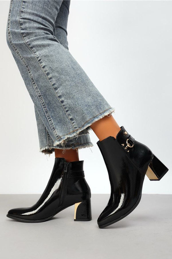 Side Buckle Block Heel Zip Up Anckle Shoes