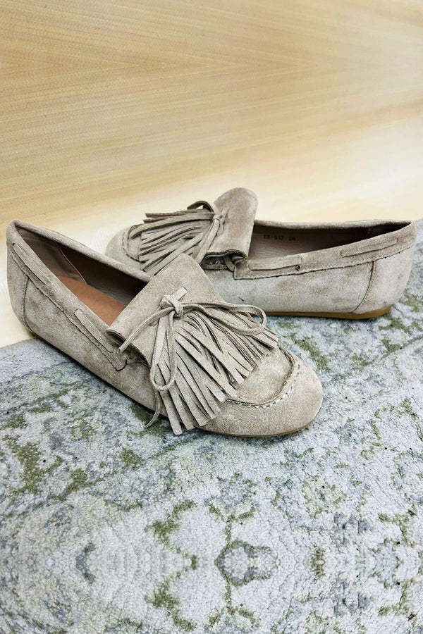 Suede fringe detail slip on flat shoes
