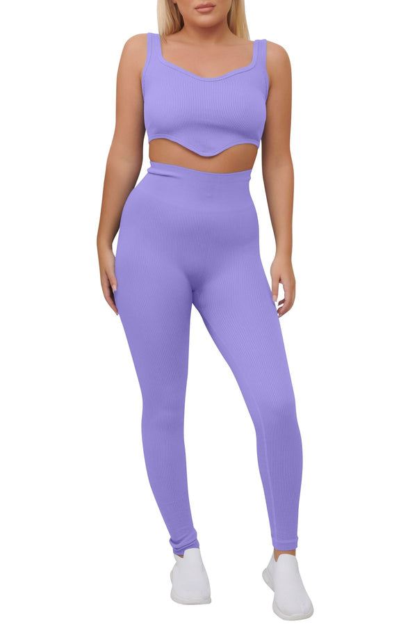 Special Price Ribbed V Detail Hem Seamless Crop Top Co-Ord Set