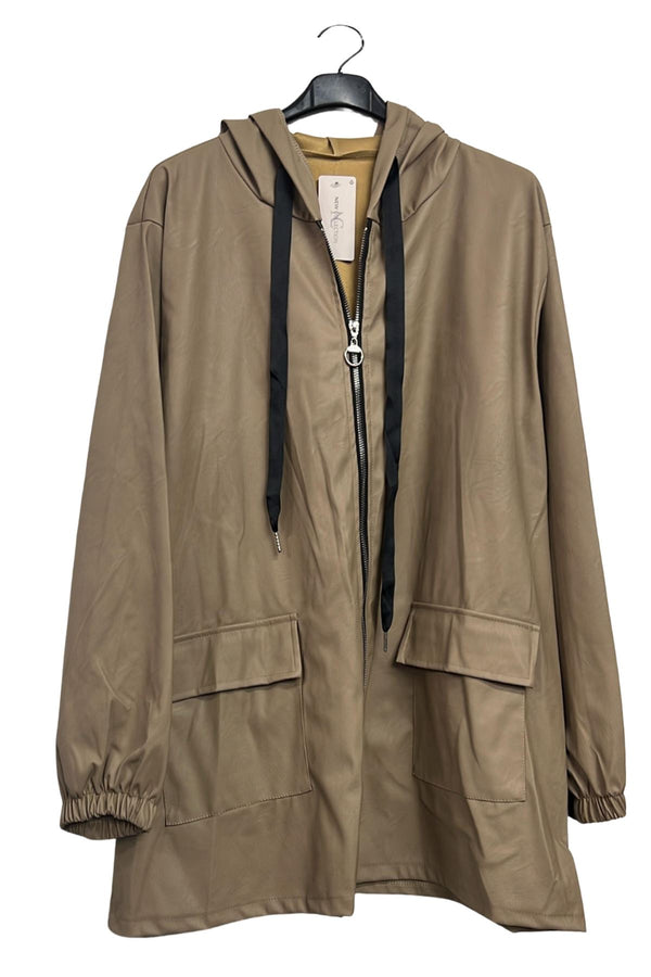 Plain Front Flap Pockets Faux Leather Hooded Jacket