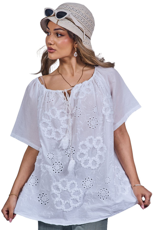 Floral Embroidered Pattern Slightly Curved Hem Cotton Top