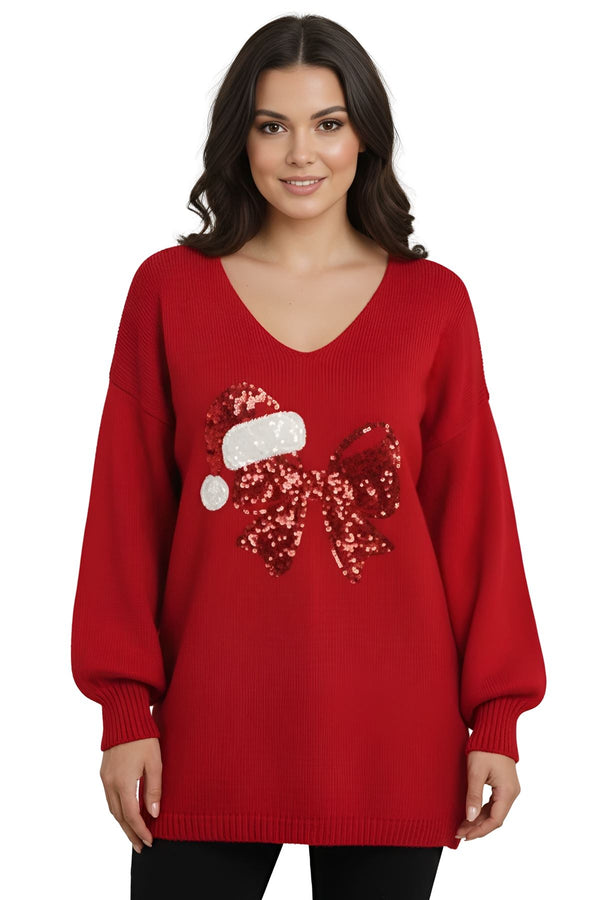 Sequin Bow Santa Hat Drop Shoulder Knitted Jumper