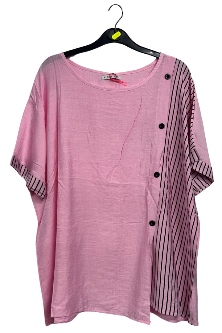 Stripe Print Side Button Detail Cotton Top