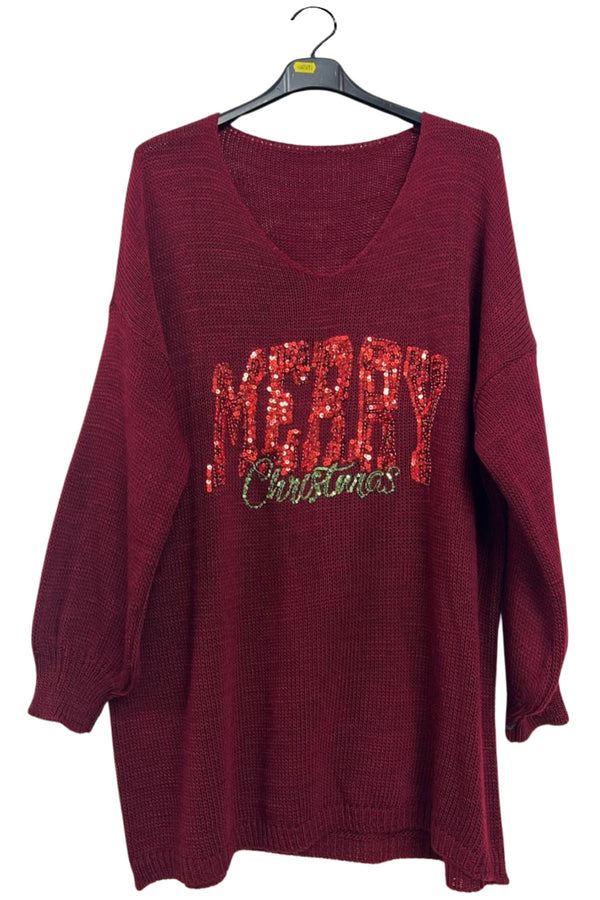 Sequin Merry Christmas Pattern Drop Shoulder Knitted Jumper
