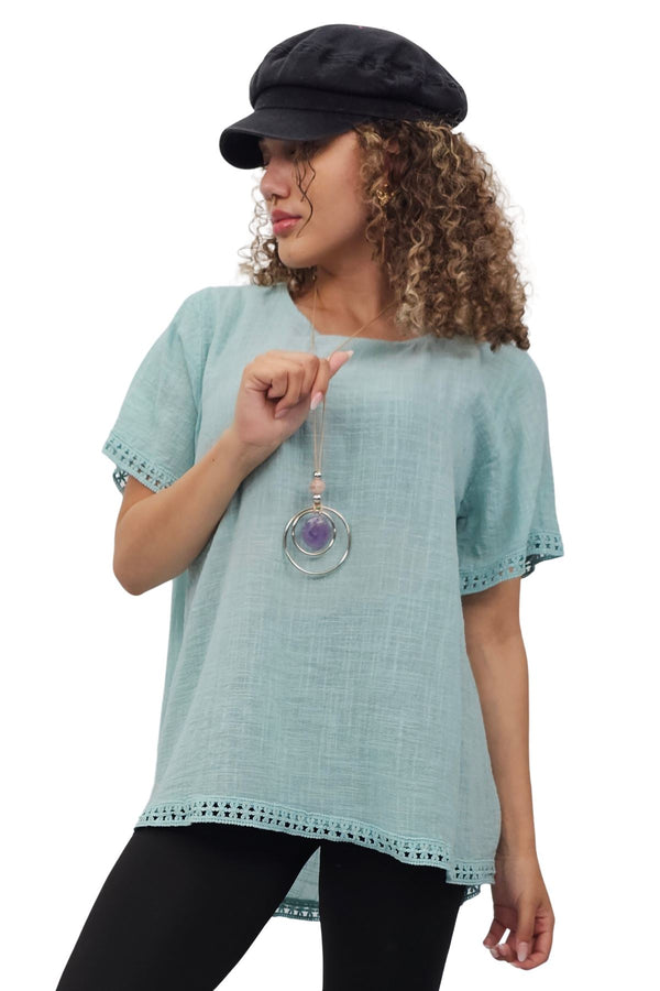 Plain Lace Hem Necklace Cotton Top