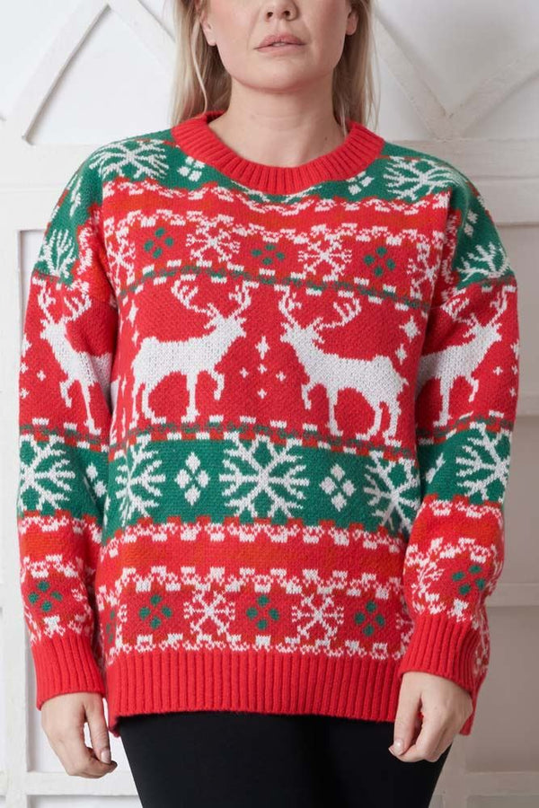 Snowflake Reindeer Pattern Xmas Ribbed Jumper