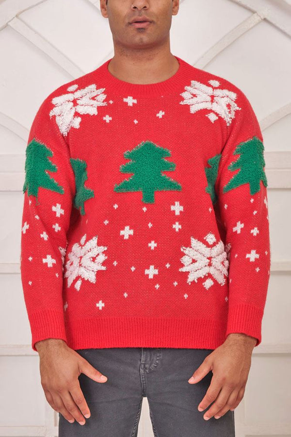 Snowflake Tree Pattern Xmas Ribbed Jumper
