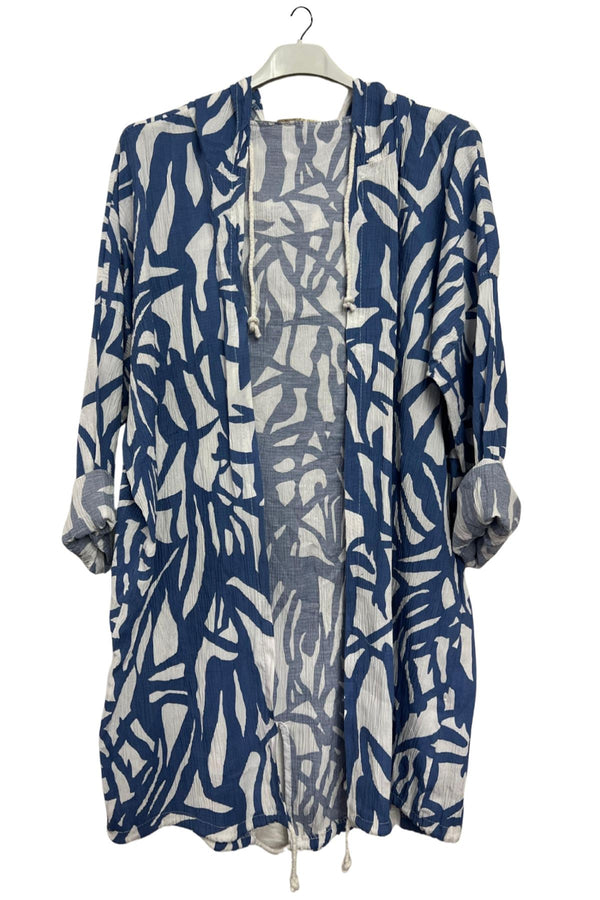Bold Abstract leaf Print Drawstring Tie Front Cardigan