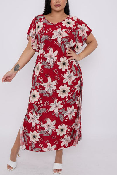 Fleur & Fruit Vintage Long Kaftan Dress With Side Slits - Green & Orange