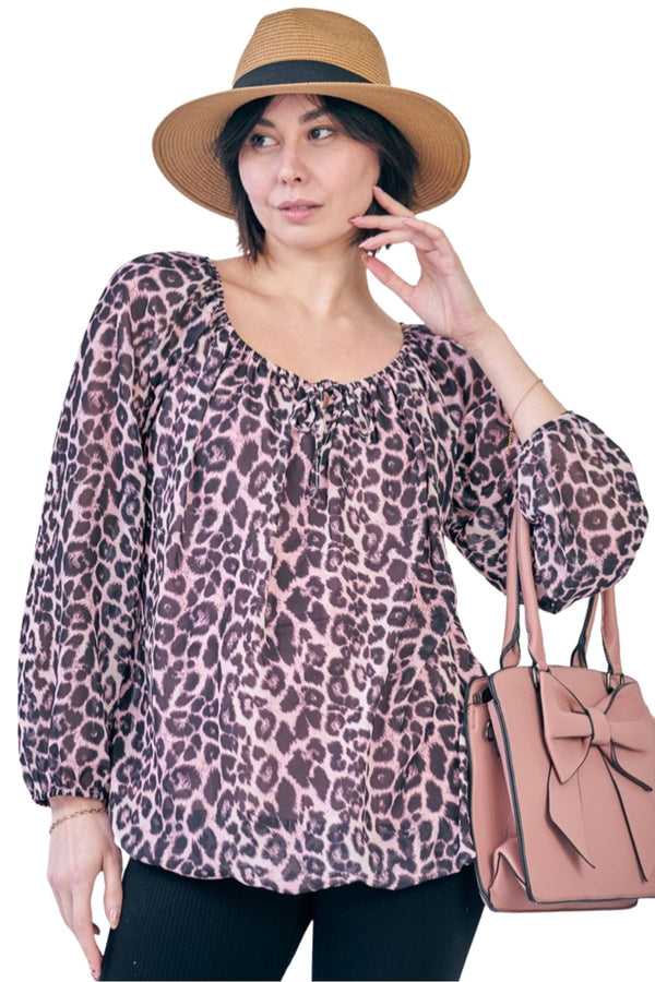 Leopard Print Oversized Drawstring Neckline Top