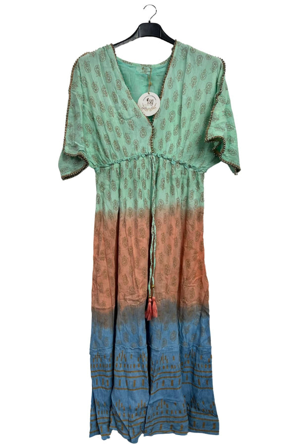 Block Print Drawstring Waist With Tassels Dress