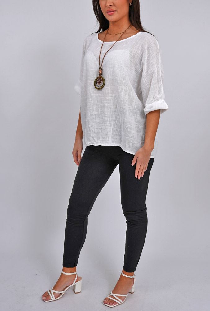 Plain Necklace Cotton Tunic Top