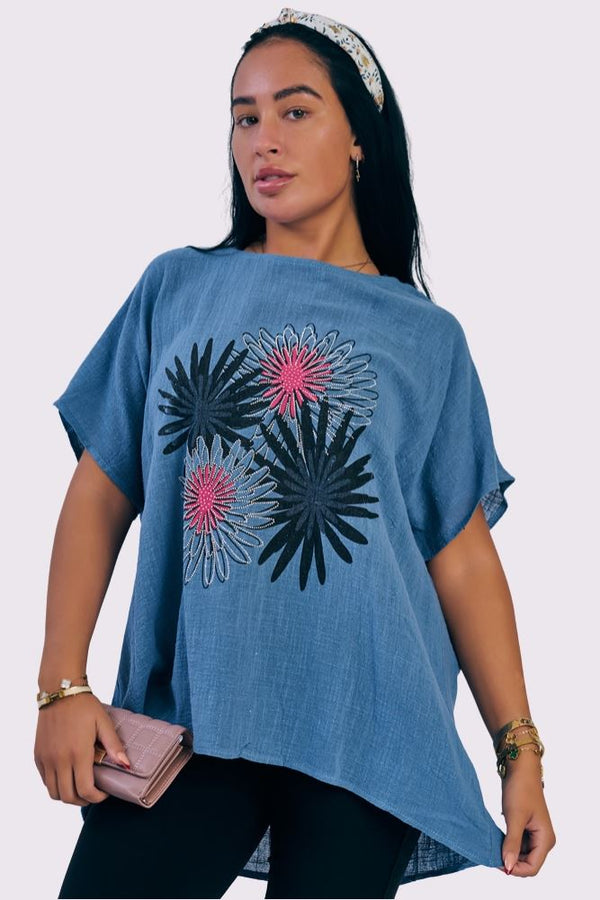 Dahlia Flower Print Cotton Top