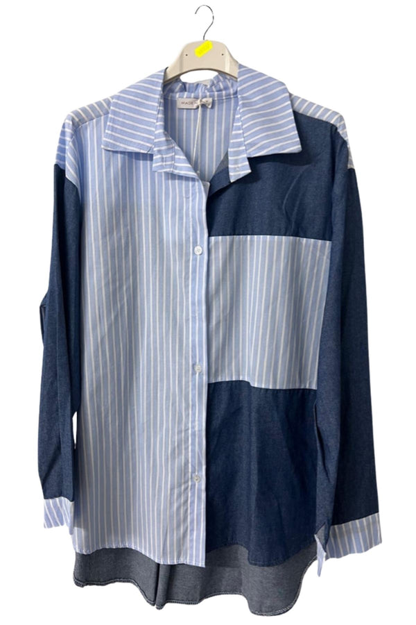 Stripe Print Denim Patch Cotton Shirt