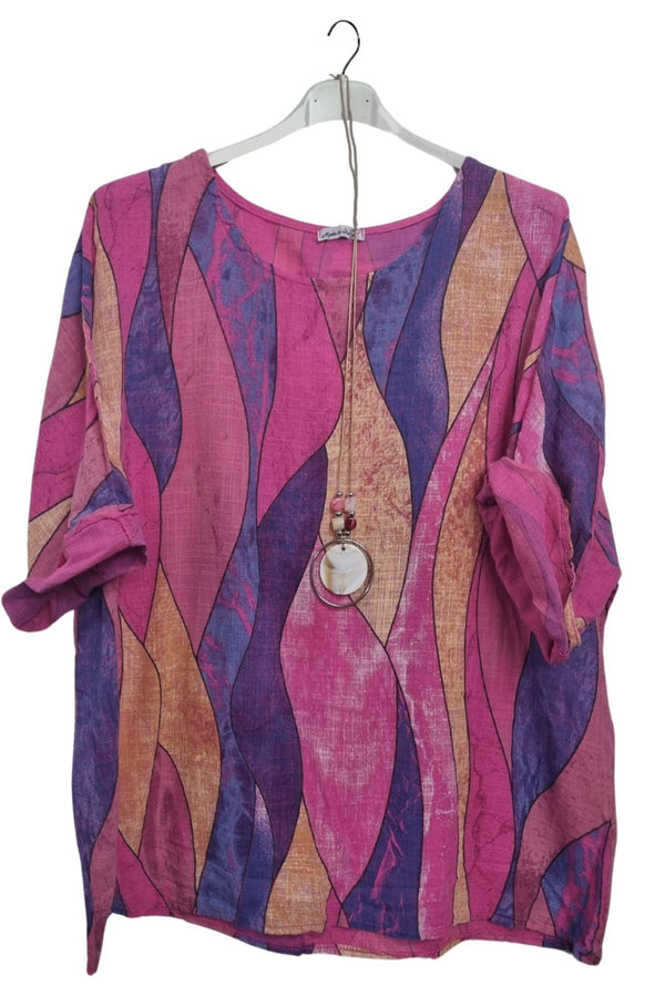 Vertical Waves Print With Necklace Cotton Top