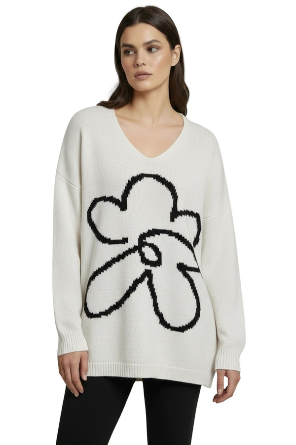 Abstract Floral Pattern Soft Knit High Low Cut Hem Jumper