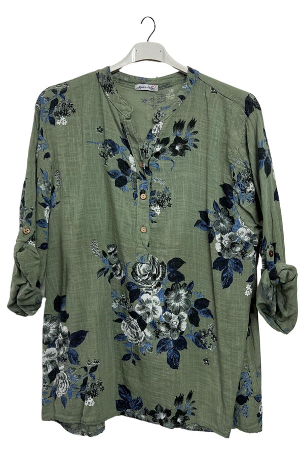 Floral Print Button-Down Front Cotton Shirt