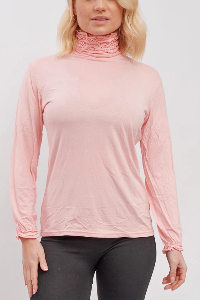 plain ruched frill roll neck tunic viscose top