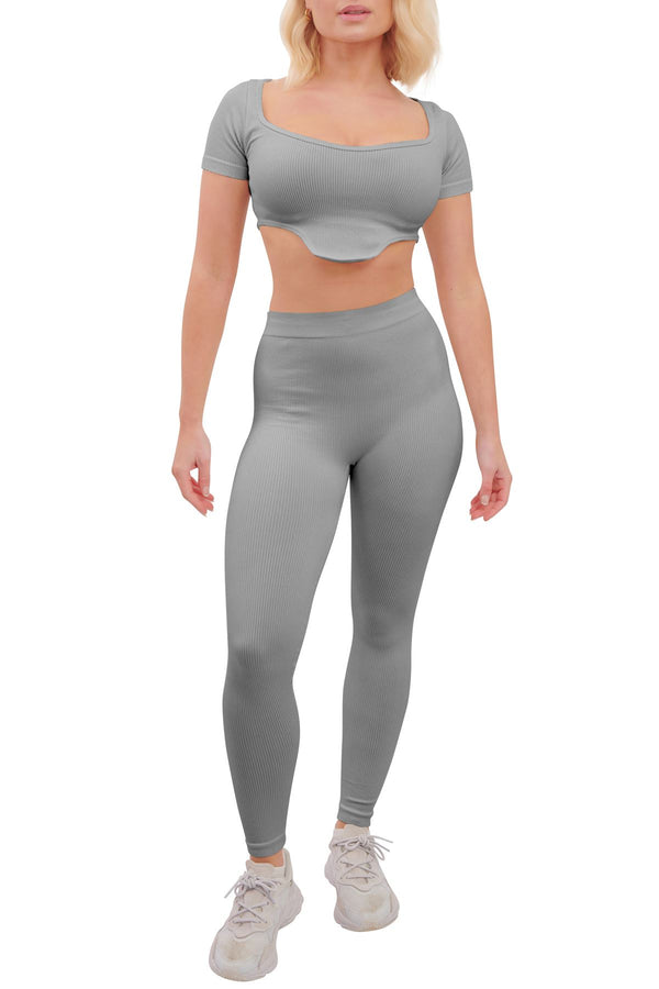 Special Price Ribbed V Detail Hem Seamless Crop Top Co-Ord Set