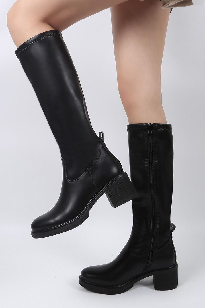 side zip knee high block heel shoes