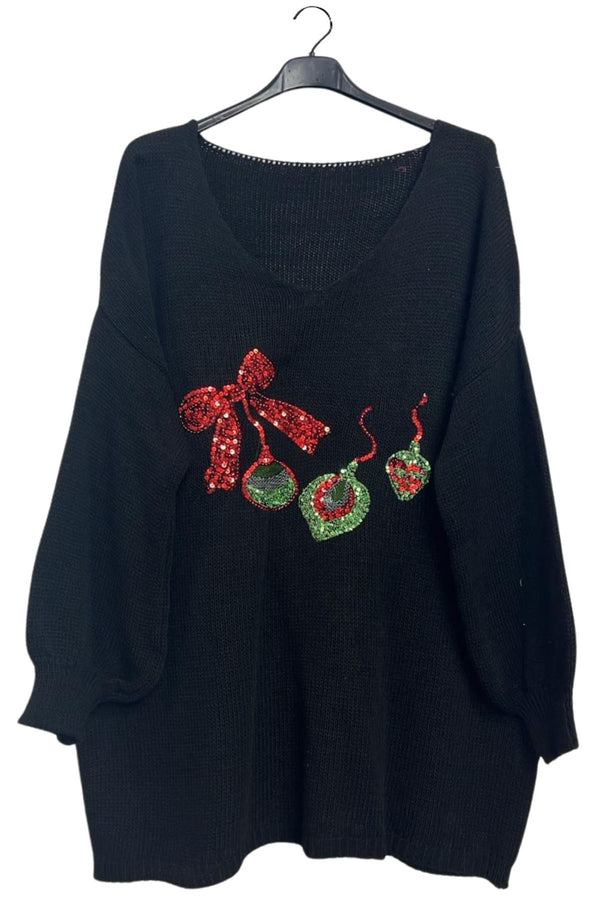 Sequin Bow Ribbon Tails Drop Shoulder Knitted Jumper