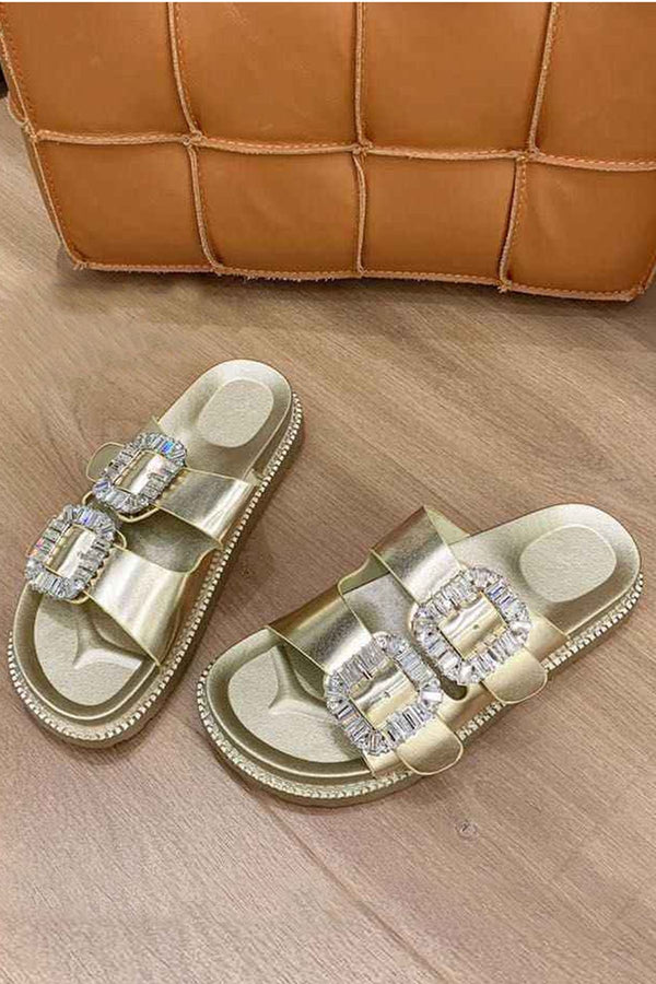 Double Buckle Crystal Embellished Slider