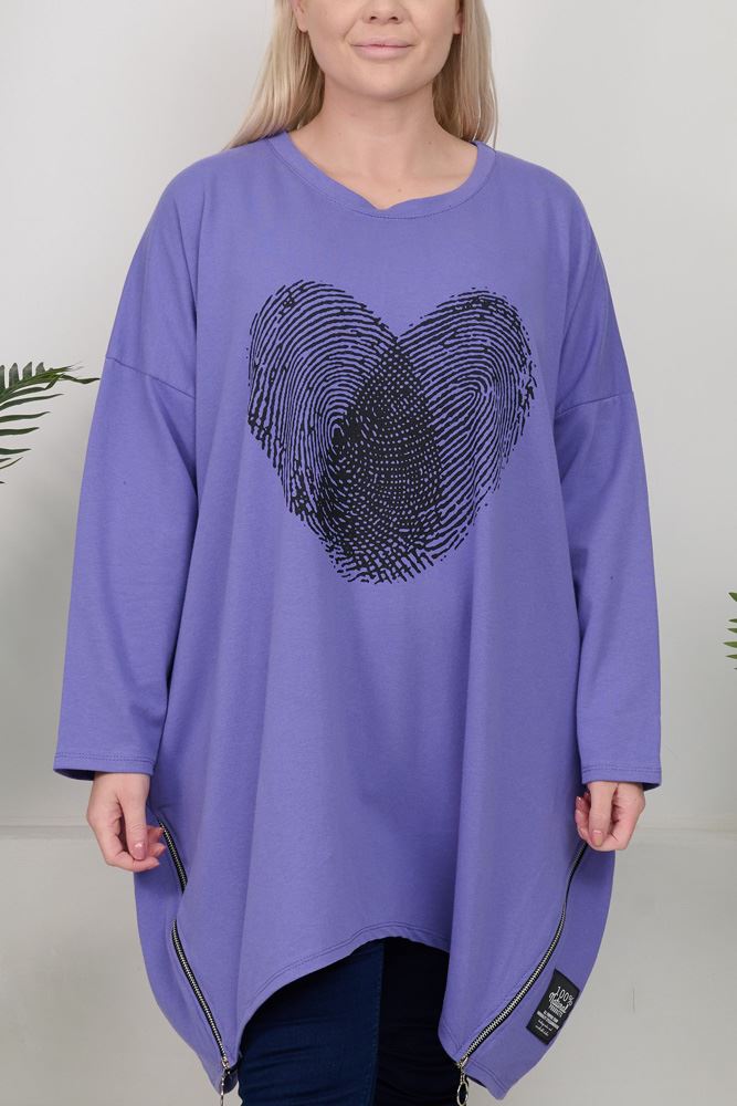 Thumb Heart Print Side 2 Zip Cotton Top
