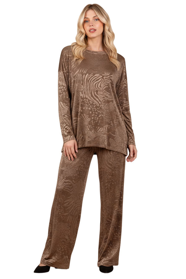 Subtle Textured Crushed Velvet Tunic Top Wide Legs Co-Ord Set