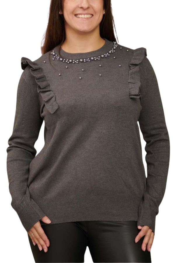 plain pearls beaded ruffle knit viscose top