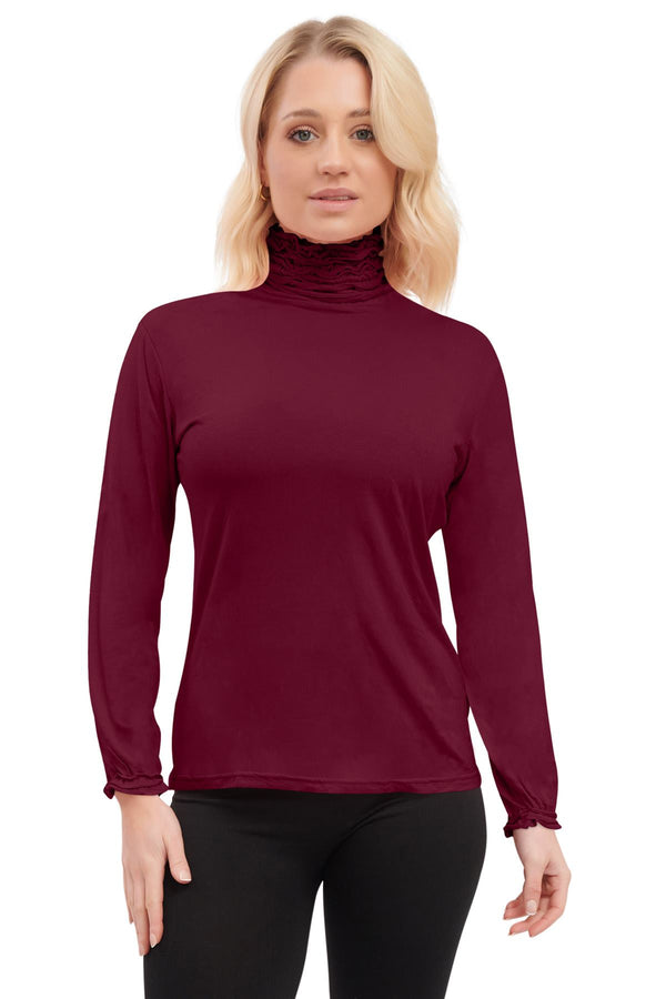 Special Price Plain Ruched Frill Roll Neck Tunic Viscose Top