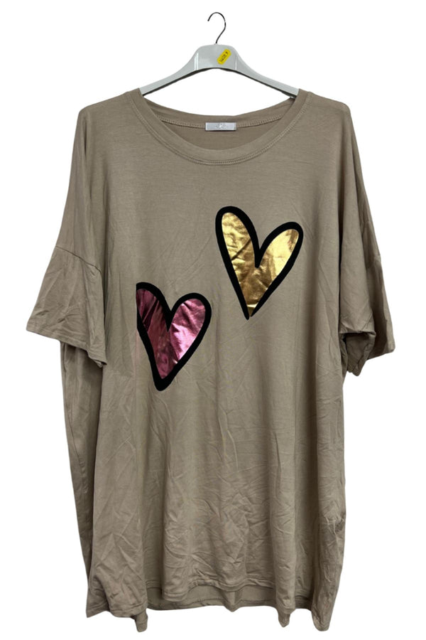 Dual Metallic Foil Hearts Oversized Top