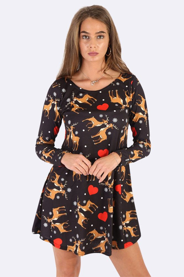 Kissing Reindeer Print Xmas Dress