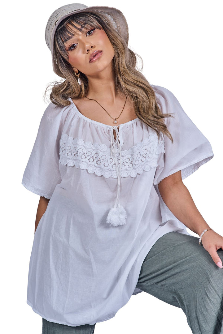 Plain Lace Details Across The Chest Cotton Top