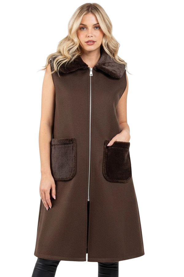 Plain Faux Fur Pockets Longline Gilet