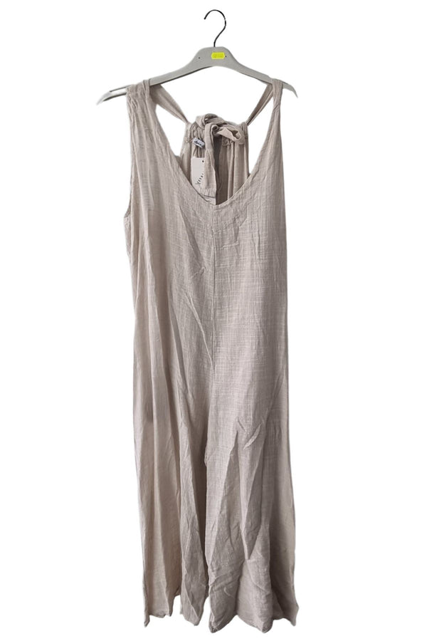 Plain Back Tie Detail Pockets Cotton Jumpsuit