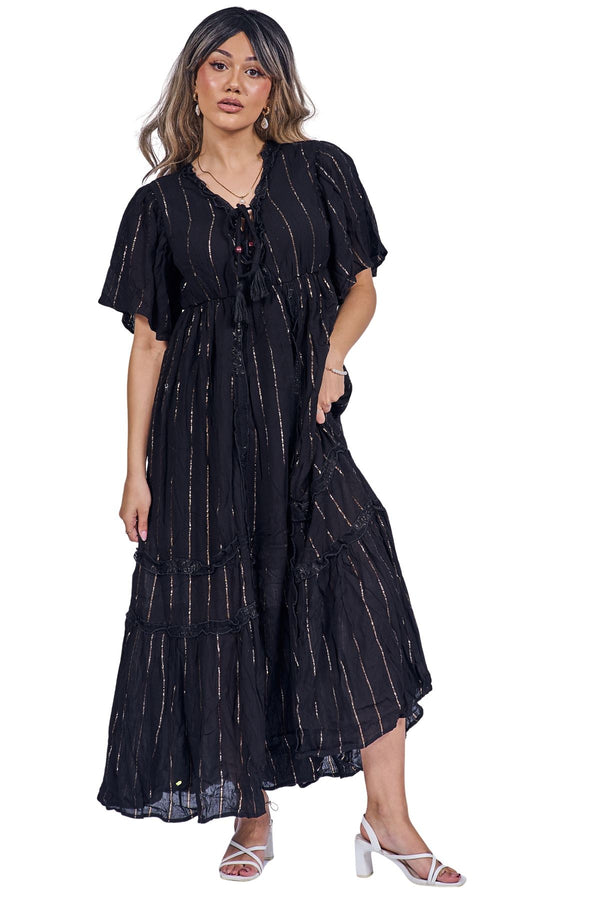 Vertical Metallic Stripe Detailing Pattern Bohemian Chic Dress