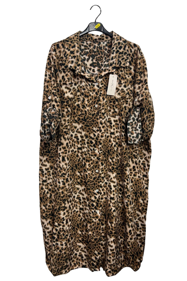 Animal Print Longline Button-Down Shirt Dress