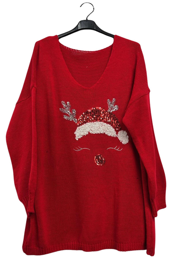 Sequin Santa Hat Pattern Knit Style Oversized Jumper
