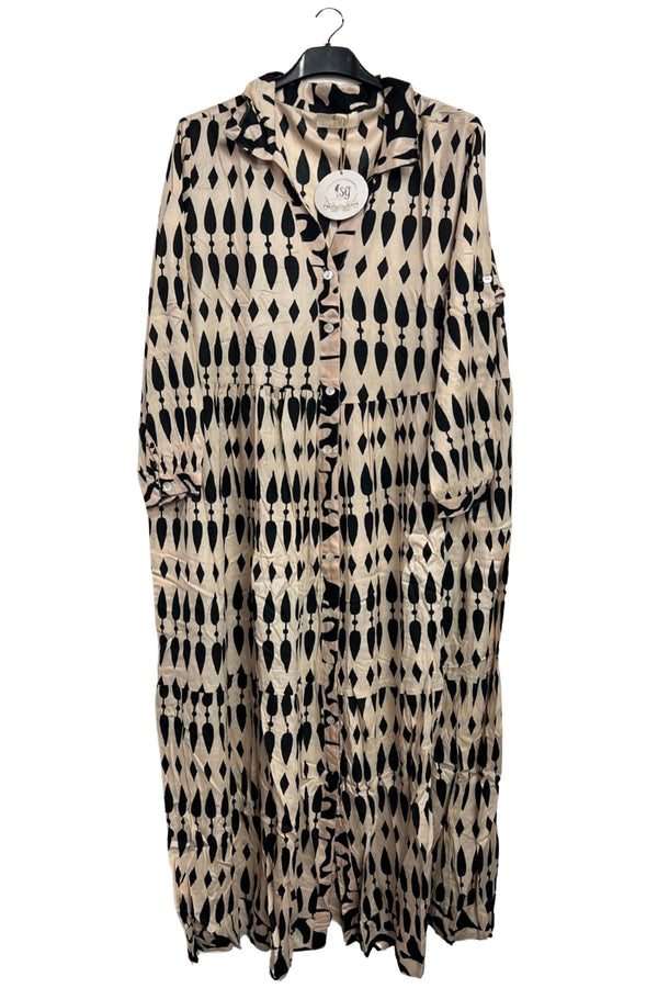 Repeated Drop Leaf-Shaped Pattern Shirt Style Button-Down Dress