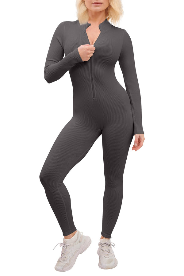 Special Price Plain Ribbed Zip Up Seamless Nylon Jumpsuit