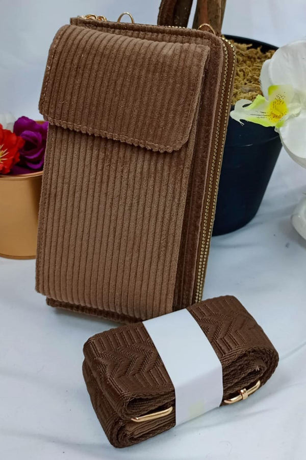 Corduroy Textured Matching Strap Crossbody Bag