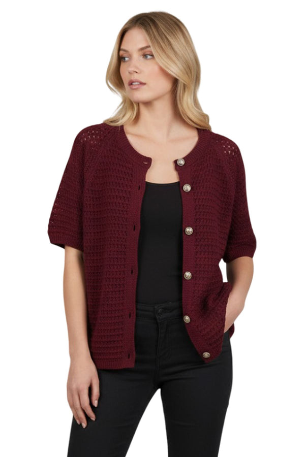 Plain Eyelet Texture Front Button Down Detail Cardigan