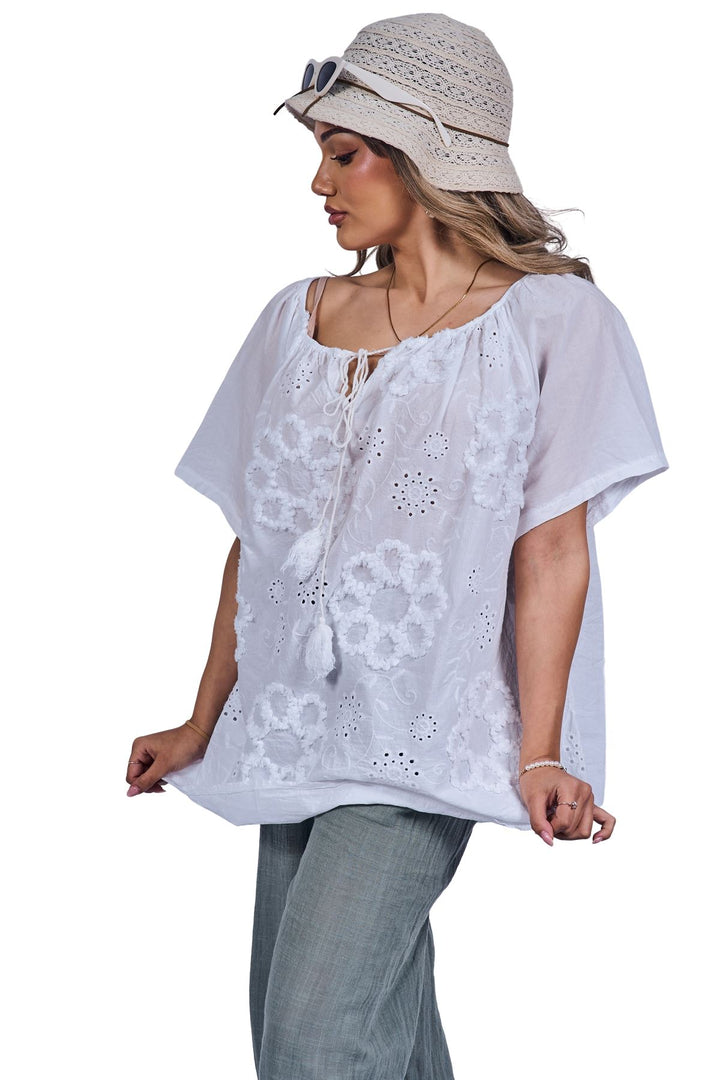 Floral Embroidered Pattern Slightly Curved Hem Cotton Top