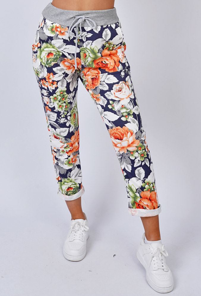 Rose Flower Print Pockets Cotton Trousers