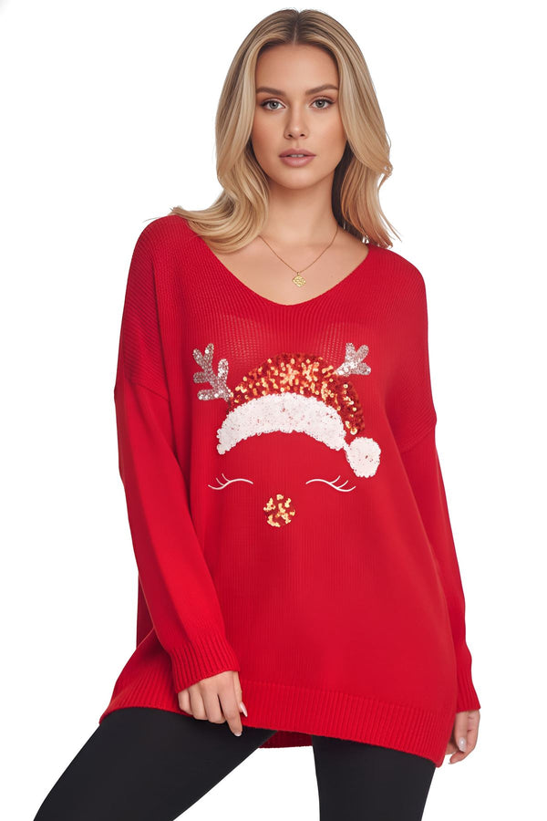 Sequin Santa Hat Pattern Knit Style Oversized Jumper